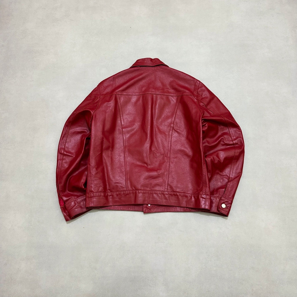 Vtg RED LEATHER TRUCKER JACKET