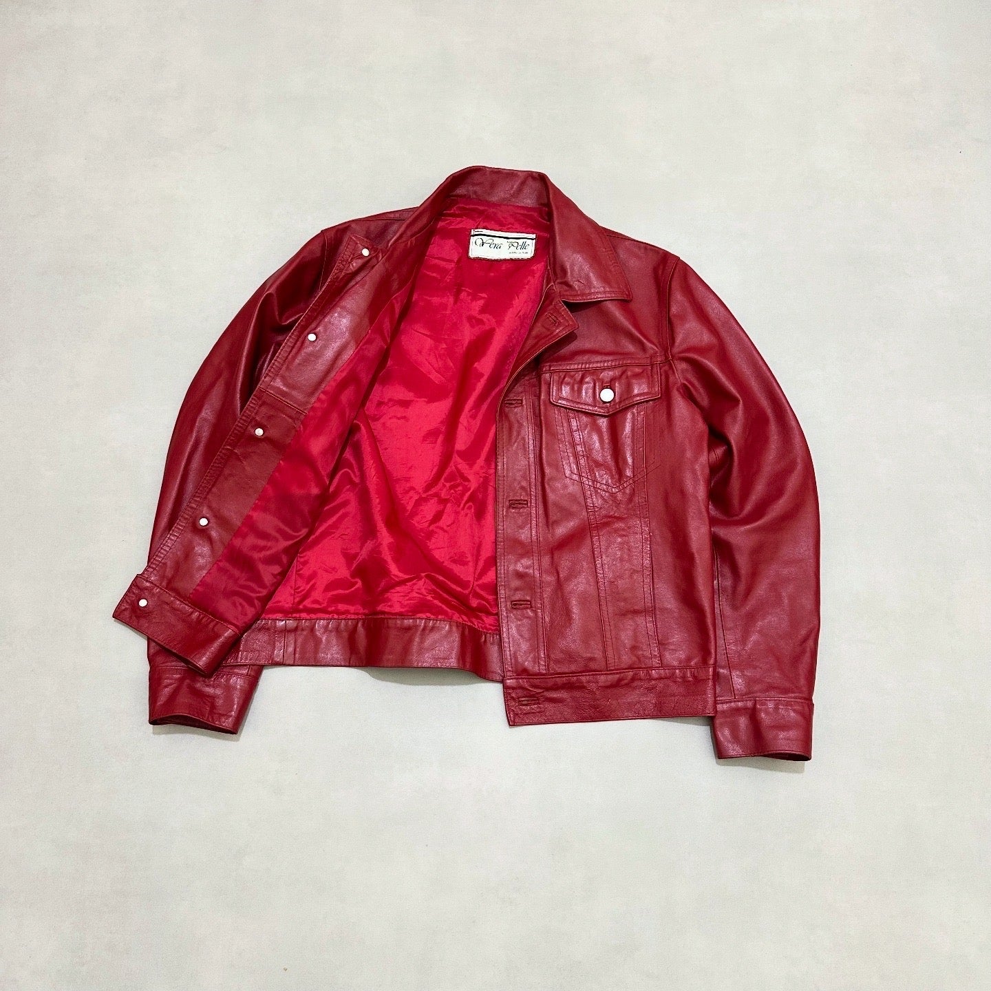 Vtg RED LEATHER TRUCKER JACKET