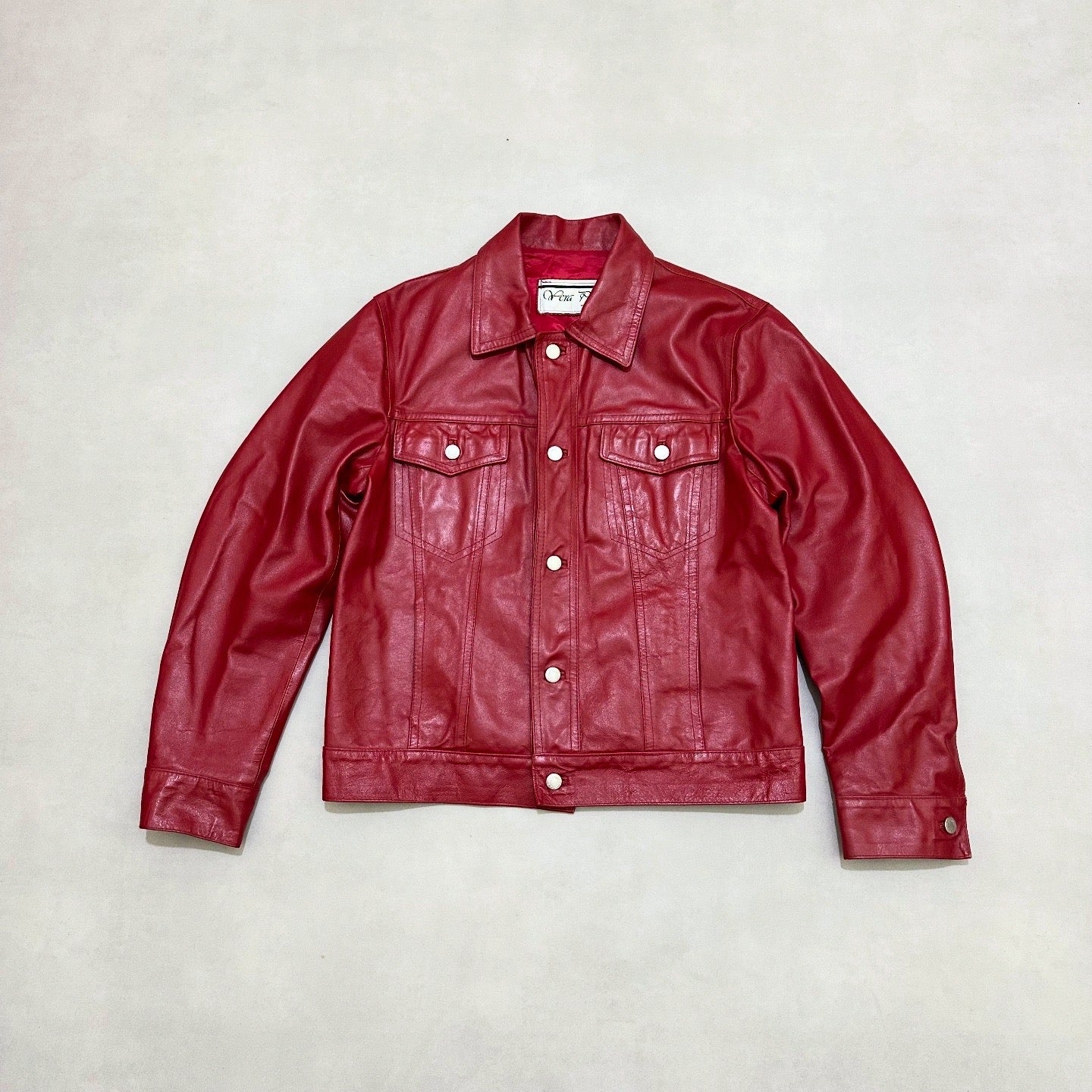 Vtg RED LEATHER TRUCKER JACKET