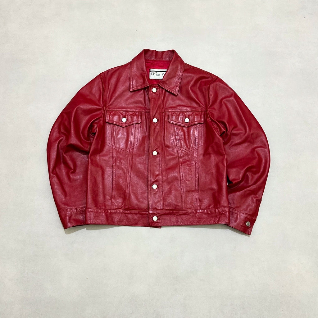 Vtg RED LEATHER TRUCKER JACKET