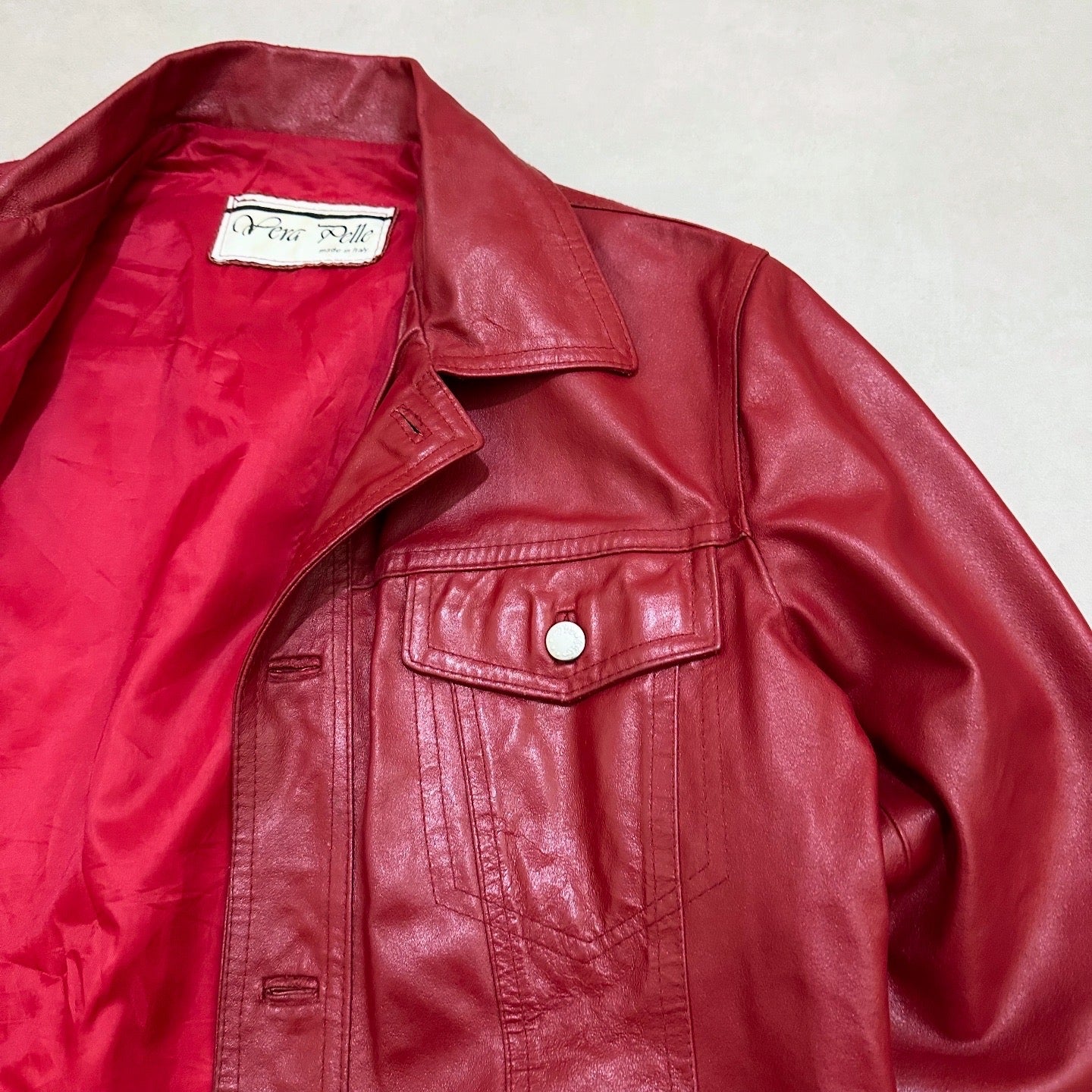 Vtg RED LEATHER TRUCKER JACKET